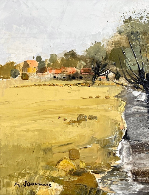 Michel Jouenne (1933-2021), Tableau Vue De Paysage à La Rivière Années 1970/1980.