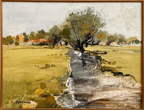 Michel Jouenne (1933-2021), Tableau Vue De Paysage à La Rivière Années 1970/1980.