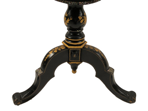 Tilting pedestal table in blackened wood with painted decoration of flowers and birds, burgundy. Napoleon III