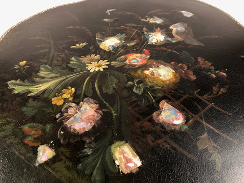 Tilting pedestal table in blackened wood with painted decoration of flowers and birds, burgundy. Napoleon III