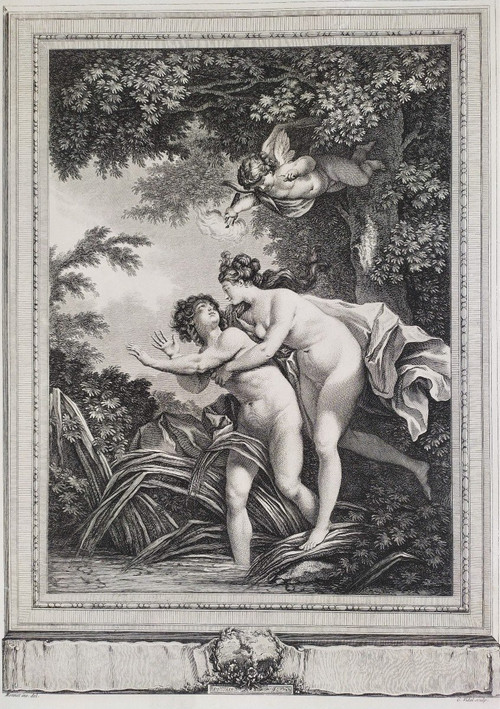 Mythological Etching Salmacis And Hermaphrodite Engraving By Vidal After Monnet 18th C Print