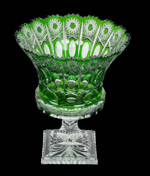 CUT ON A GREEN-COLOURED STAND IN BOHEMIAN CUT CRYSTAL, 20th PERIOD