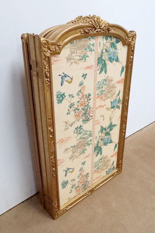 Paravent aus Seide und goldenem Holz, Louis-XV-Stil und asiatische Dekorationen – 2. Hälfte des 19. Jahrhunderts