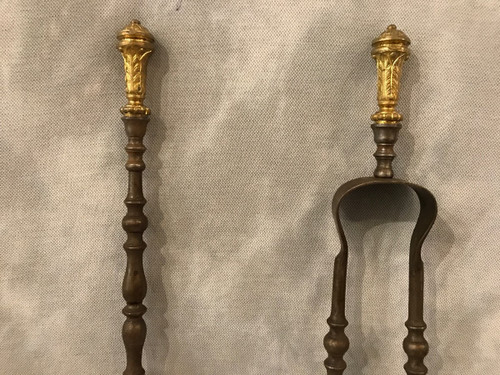 Set of a shovel and tongs in iron and gilded bronze from the 19th century in Louis XVI style