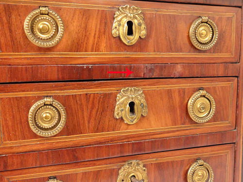 Petite Commode Maîtrise Louis XVI Marqueterie Satiné Bois Rose Marbre 18è