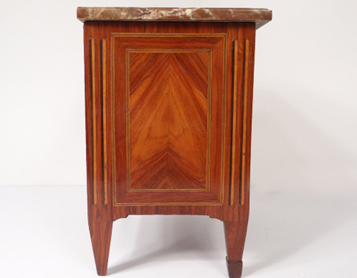 Petite Commode Maîtrise Louis XVI Marqueterie Satiné Bois Rose Marbre 18è