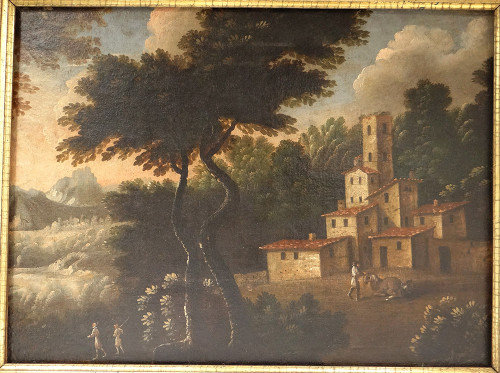 Large HST Italian School Countryside Village Characters 18th century