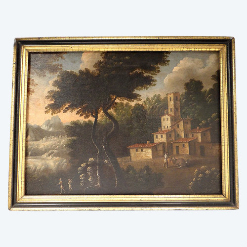 Large HST Italian School Countryside Village Characters 18th century