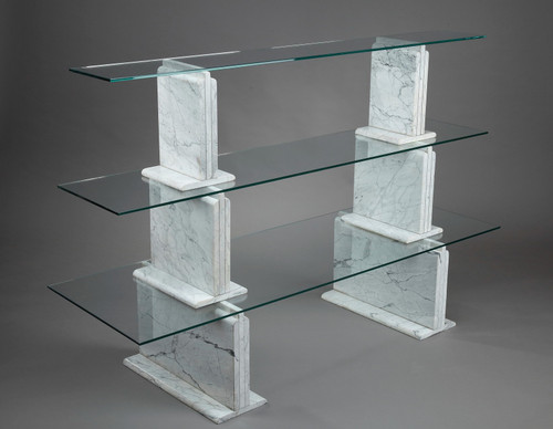 Carrara Marble Bookcase With Glass Shelves - 1970