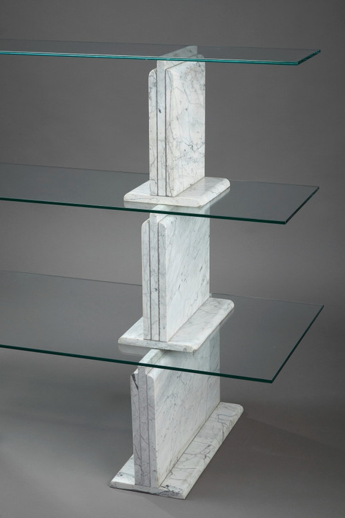 Carrara Marble Bookcase With Glass Shelves - 1970