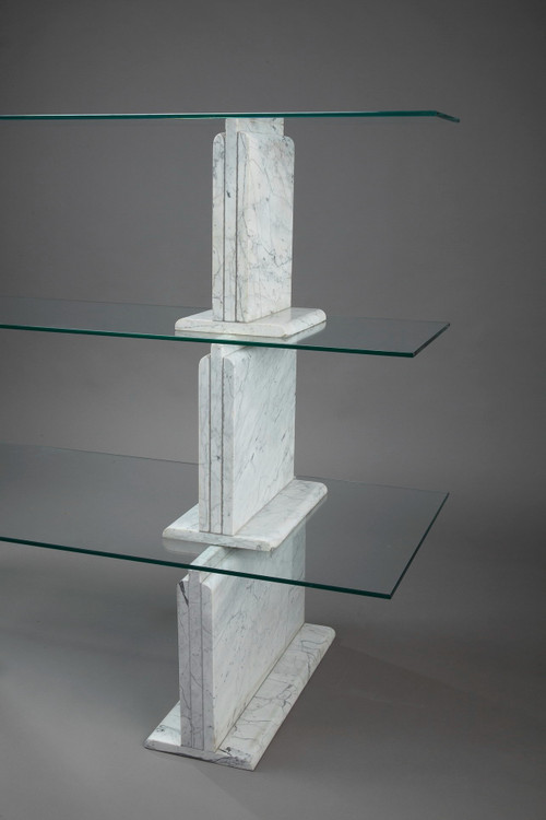 Carrara Marble Bookcase With Glass Shelves - 1970