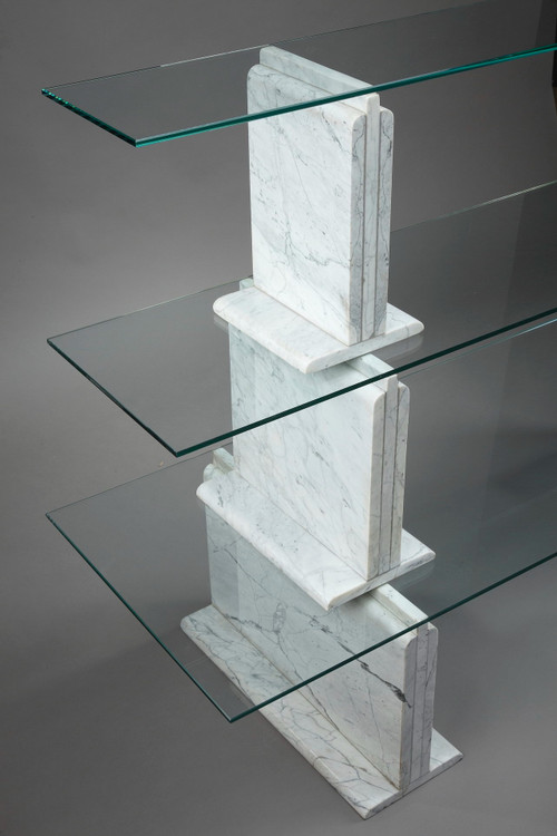 Carrara Marble Bookcase With Glass Shelves - 1970