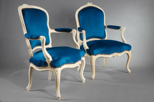 Four peacock blue velvet armchairs from the Louis XV period