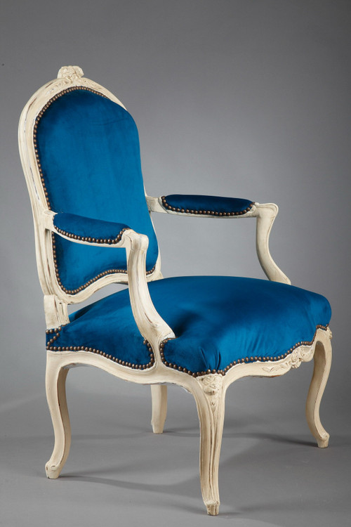 Four peacock blue velvet armchairs from the Louis XV period