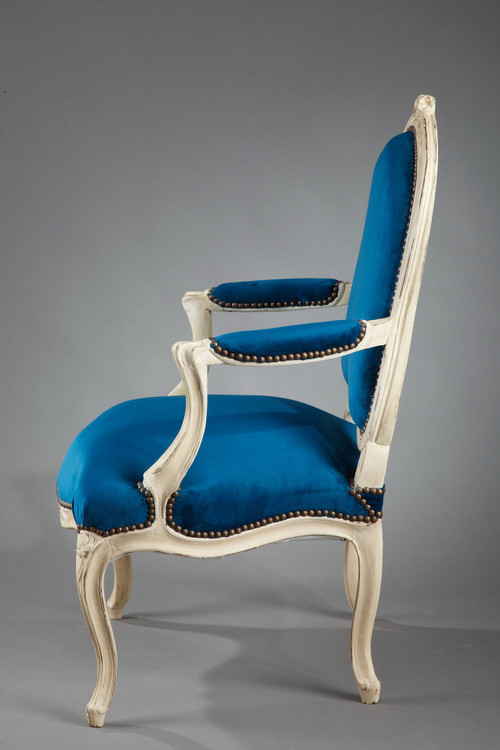 Four peacock blue velvet armchairs from the Louis XV period