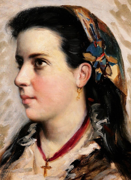 Jules GARDOT, 1828-1891 Portrait d'une jeune femme, Italie, tableau, vers 1870