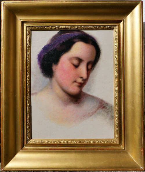 Ecole Française vers 1850, Portrait de femme au ruban violet, tableau