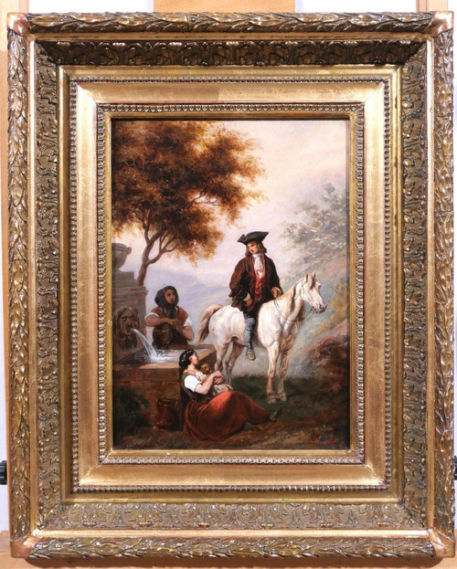 Clément PRUCHE 1811-1890 Paysage au cavalier et aux deux femmes à la fontaine, tableau