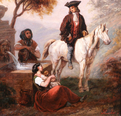 Clément PRUCHE 1811-1890 Paysage au cavalier et aux deux femmes à la fontaine, tableau