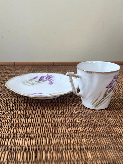 Tasse et sous-tasse en porcelaine de Limoges (Début du 20e siècle) - Motif d'iris