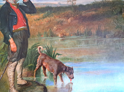 Dipinto cacciatore e il suo cane al fiume firmato Eugenie Vassa... fine del XIX secolo