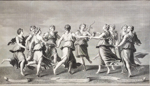 Mythological Etching  Engraving Apollo And The Muses By Raphael Urbain Massard 19th C Old Print