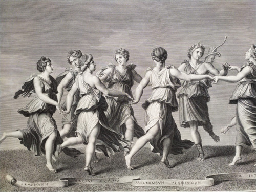 Mythological Etching  Engraving Apollo And The Muses By Raphael Urbain Massard 19th C Old Print