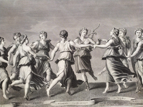 Mythological Etching  Engraving Apollo And The Muses By Raphael Urbain Massard 19th C Old Print