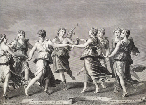 Mythological Etching  Engraving Apollo And The Muses By Raphael Urbain Massard 19th C Old Print