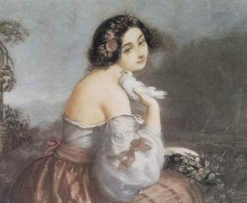 Etching Portrait Of A Romantic Lady After André Jules Watercolored Engraving 19th C Old Print