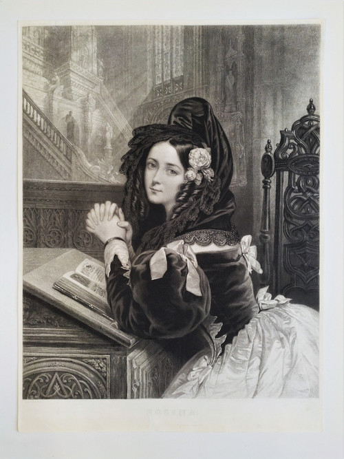 Etching Portrait Of A Lady Rosina Or Prayer After Lepaulle 19th C Engraving Old Print