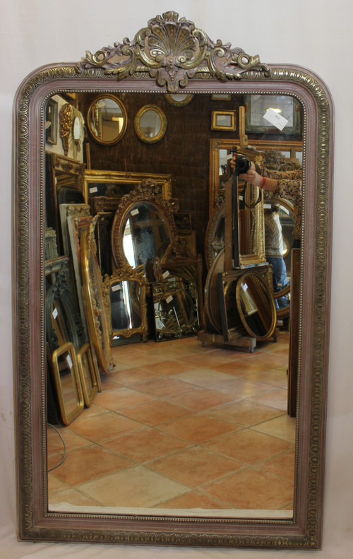 Grand Miroir Ancien De Cheminée à Fronton Coquille 100 X 170 Cm