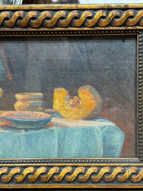 Alfred Remy (xix-xx) - Nature Morte à La Lampe, l'Assiette à Soupe Et Au Potimaron, Circa 1890