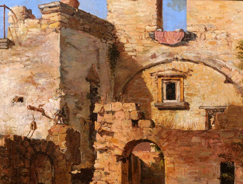 Federico WENZEL, Italy, young man in the ruins, painting, 1863