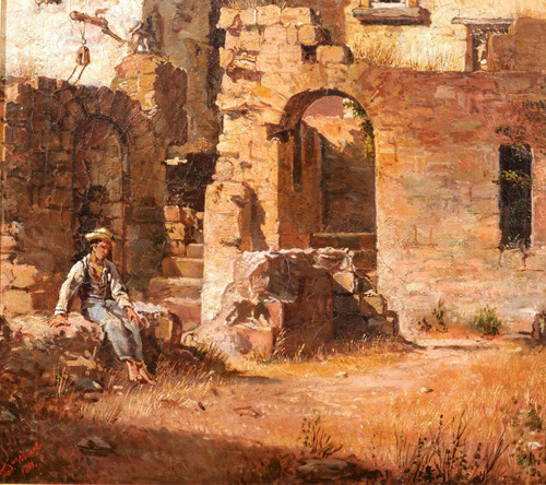 Federico WENZEL, Italy, young man in the ruins, painting, 1863