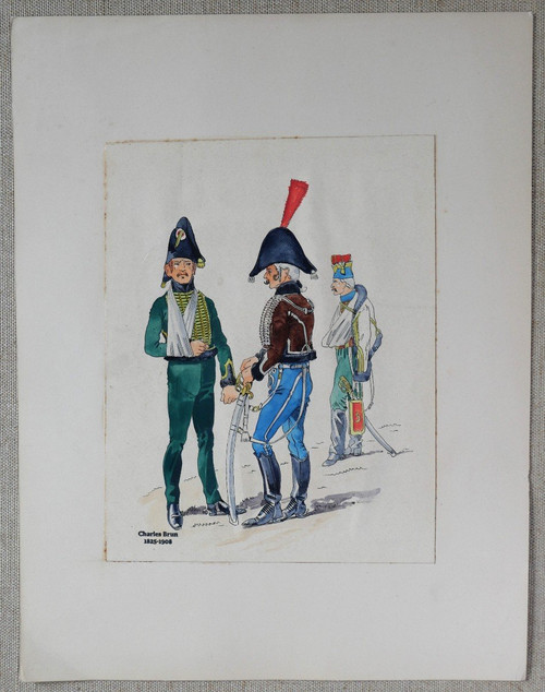 Charles BRUN 1825-1908 three soldiers in uniform, drawing, Napoleon, Empire