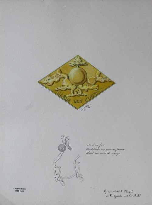 Charles BRUN 1825-1908 Insegne dell'uniforme della Guardia dei Consoli, disegno, Napoleone, Impero