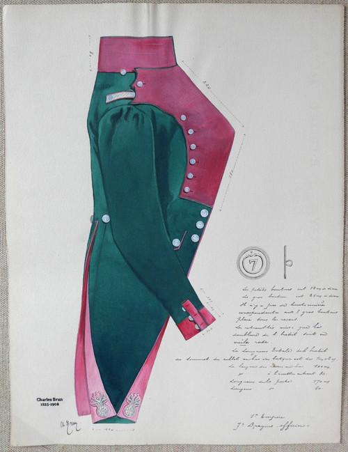 Charles BRUN 1825-1908 Uniforme del 7° Dragoni, disegno, Napoleone, Impero