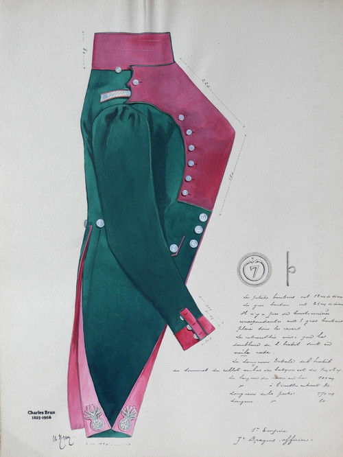 Charles BRUN 1825-1908 Uniforme del 7° Dragoni, disegno, Napoleone, Impero