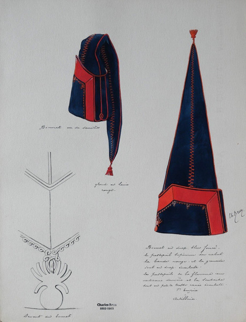 Charles BRUN 1825-1908 Bonnet d'uniforme d'artilleur du 1er Empire, dessin, Napoléon