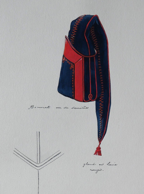 Charles BRUN 1825-1908 Bonnet d'uniforme d'artilleur du 1er Empire, dessin, Napoléon