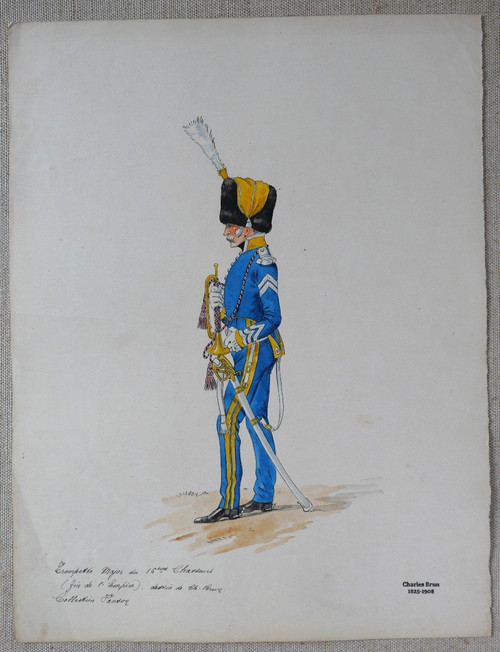 Charles BRUN 1825-1908 Uniforme de trompette Major du 15e Chasseurs, drawing, Napoleon, Empire