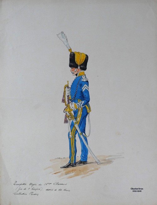 Charles BRUN 1825-1908 Uniforme de trompette Major du 15e Chasseurs, drawing, Napoleon, Empire