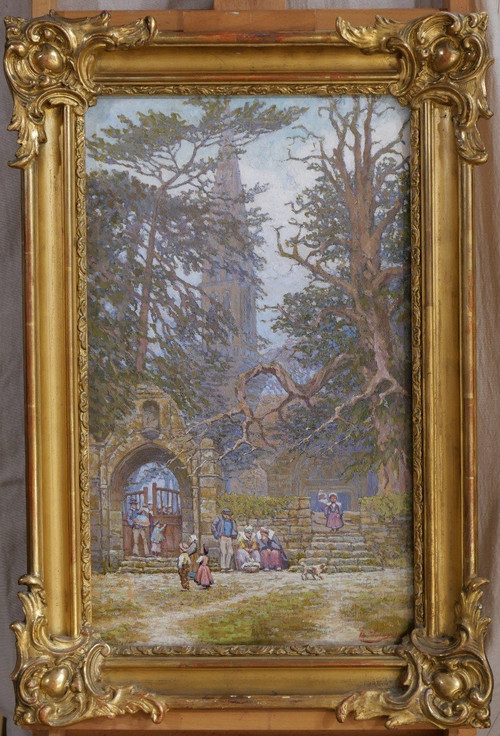 Breton school circa 1900, Brittany, leaving the church, painting signed