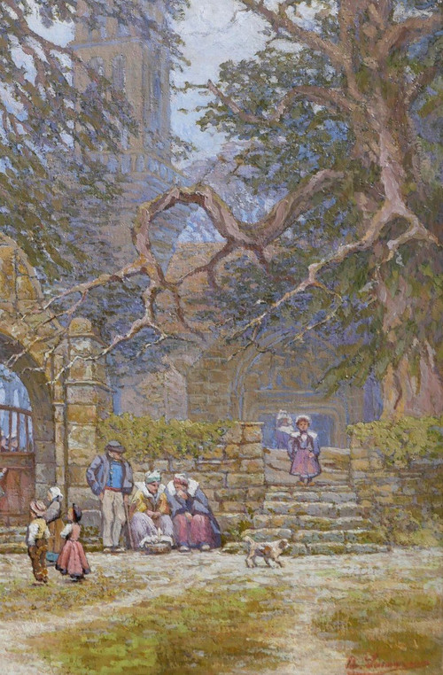 Breton school circa 1900, Brittany, leaving the church, painting signed