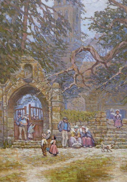 Breton school circa 1900, Brittany, leaving the church, painting signed