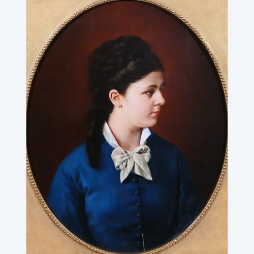 Scuola francese del 1870 circa, Ritratto di donna in abito blu, dipinto