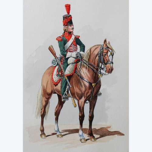 Charles BRUN 1825-1908 Portrait of a Hunter on Horseback 1797, drawing, Napoleon, Empire