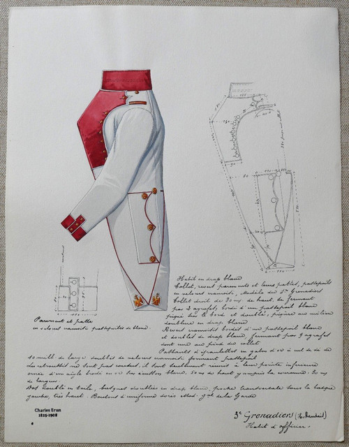 Charles BRUN 1825-1908 Uniforme da ufficiale granatiere olandese, disegno, Napoleone, Impero