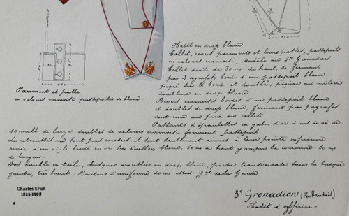 Charles BRUN 1825-1908 Uniforme da ufficiale granatiere olandese, disegno, Napoleone, Impero